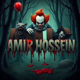 A horrifying scene set in a spooky forest, featuring the name 'AMIR HOSSEIN' in a sinister style