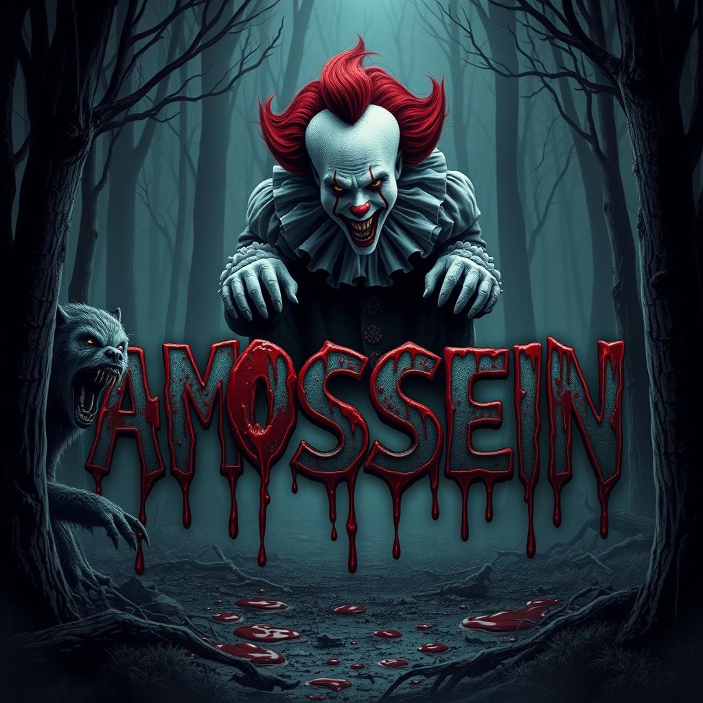 A horrifying scene set in a spooky forest, featuring the name 'AMIR HOSSEIN' in a sinister style