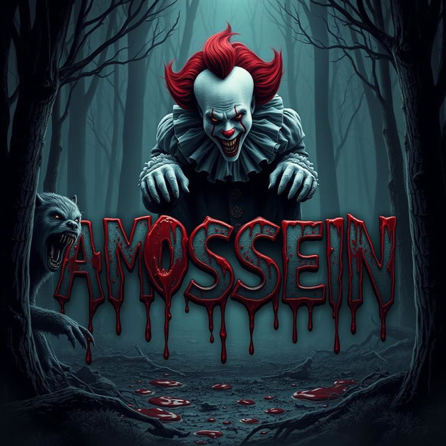 A horrifying scene set in a spooky forest, featuring the name 'AMIR HOSSEIN' in a sinister style