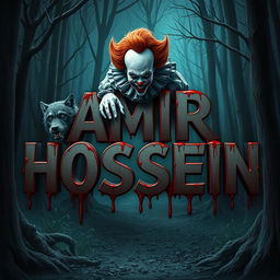 A horrifying scene set in a spooky forest, featuring the name 'AMIR HOSSEIN' in a sinister style