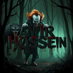 A horrifying scene set in a spooky forest, featuring the name 'AMIR HOSSEIN' in a sinister style