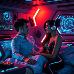 A futuristic bedroom scene in a sci-fi setting, featuring advanced technology and holographic interfaces