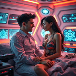 A futuristic bedroom scene in a sci-fi setting, featuring advanced technology and holographic interfaces