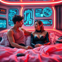 A futuristic bedroom scene in a sci-fi setting, featuring advanced technology and holographic interfaces