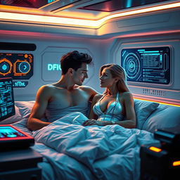 A futuristic bedroom scene in a sci-fi setting, featuring advanced technology and holographic interfaces