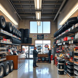 An inviting and well-organized truck parts store interior, showcasing a variety of truck parts on shelves, including tires, brake pads, filters, and tools