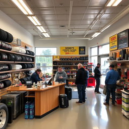 An inviting and well-organized truck parts store interior, showcasing a variety of truck parts on shelves, including tires, brake pads, filters, and tools