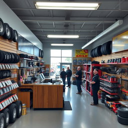 An inviting and well-organized truck parts store interior, showcasing a variety of truck parts on shelves, including tires, brake pads, filters, and tools