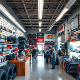 An inviting and well-organized truck parts store interior, showcasing a variety of truck parts on shelves, including tires, brake pads, filters, and tools