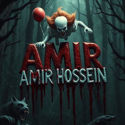 A terrifying scene in a cursed, spooky forest, featuring the name 'AMIR HOSSEIN' entangled in spider webs