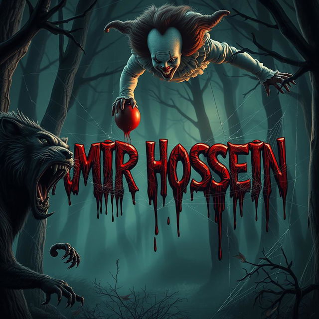 A terrifying scene in a cursed, spooky forest, featuring the name 'AMIR HOSSEIN' entangled in spider webs