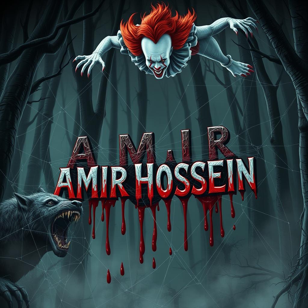 A terrifying scene in a cursed, spooky forest, featuring the name 'AMIR HOSSEIN' entangled in spider webs