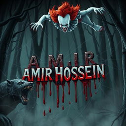 A terrifying scene in a cursed, spooky forest, featuring the name 'AMIR HOSSEIN' entangled in spider webs