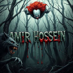 A terrifying scene in a cursed, spooky forest, featuring the name 'AMIR HOSSEIN' entangled in spider webs