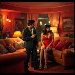 An artistic representation of a vintage adult film scene from the 1990s, capturing the aesthetics of that era with rich colors and a softer focus