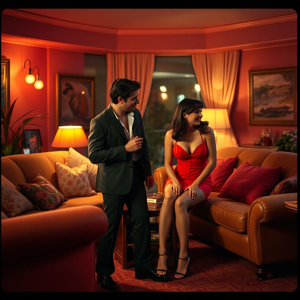 An artistic representation of a vintage adult film scene from the 1990s, capturing the aesthetics of that era with rich colors and a softer focus