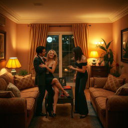 An artistic representation of a vintage adult film scene from the 1990s, capturing the aesthetics of that era with rich colors and a softer focus