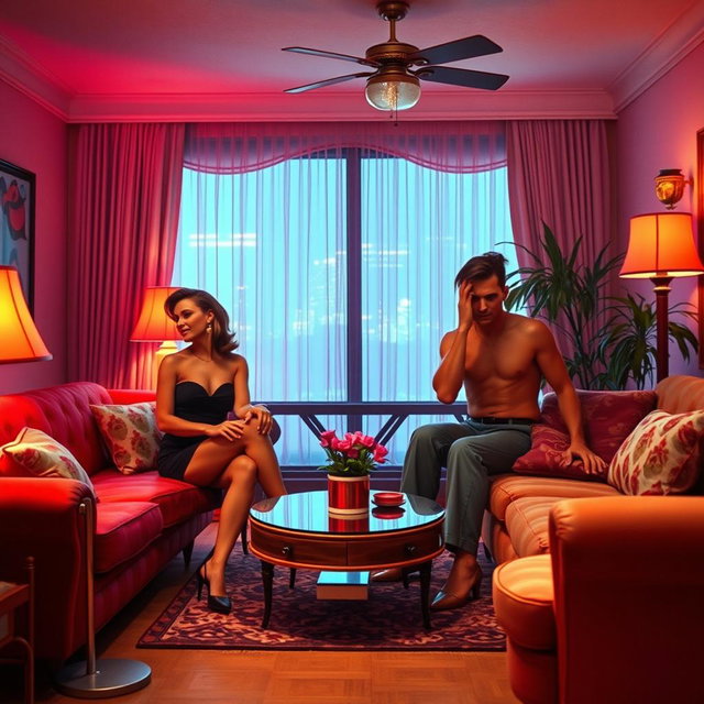 An artistic representation of a vintage adult film scene from the 1990s, capturing the aesthetics of that era with rich colors and a softer focus