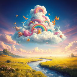 A surreal landscape featuring a giant, fantastical cloud with vibrant colors swirling around it