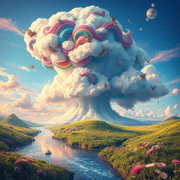 A surreal landscape featuring a giant, fantastical cloud with vibrant colors swirling around it