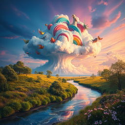 A surreal landscape featuring a giant, fantastical cloud with vibrant colors swirling around it
