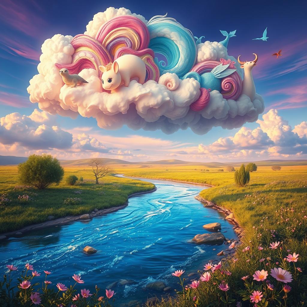 A surreal landscape featuring a giant, fantastical cloud with vibrant colors swirling around it