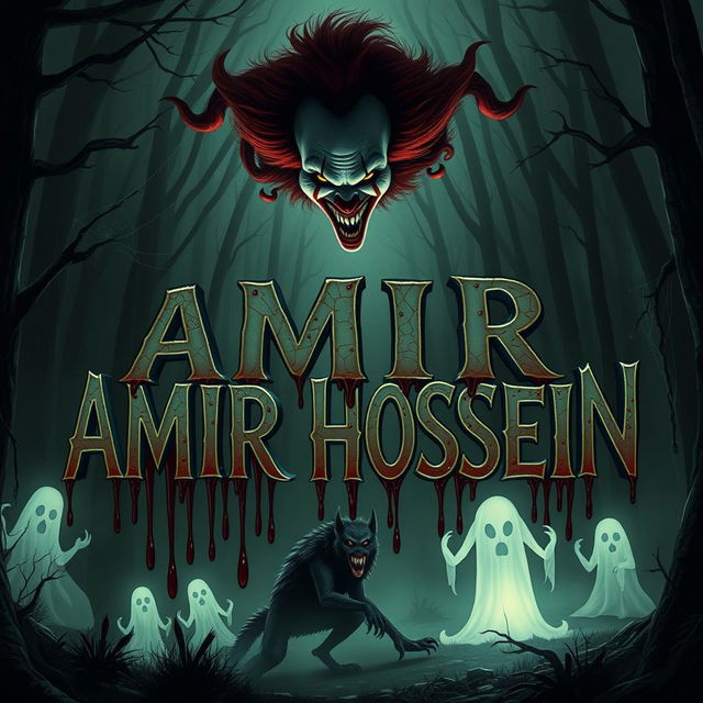 A dark and eerie scene featuring the name 'AMIR HOSSEIN' in a terrifying font, surrounded by terrifying creatures such as ghosts, curses, and spider webs