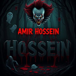 A dark and eerie scene featuring the name 'AMIR HOSSEIN' in a terrifying font, surrounded by terrifying creatures such as ghosts, curses, and spider webs