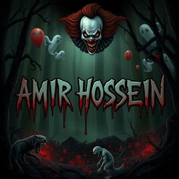 A dark and eerie scene featuring the name 'AMIR HOSSEIN' in a terrifying font, surrounded by terrifying creatures such as ghosts, curses, and spider webs