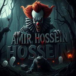 A dark and eerie scene featuring the name 'AMIR HOSSEIN' in a terrifying font, surrounded by terrifying creatures such as ghosts, curses, and spider webs