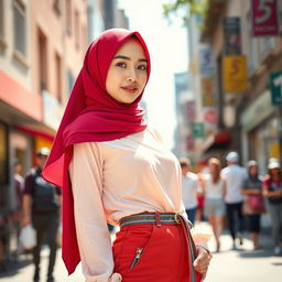 A young Indonesian woman, around 20 years old, wearing a stylish hijab, vibrant colors, and a fashionable miniskirt
