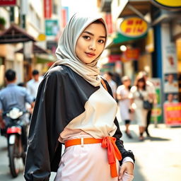 A young Indonesian woman, around 20 years old, wearing a stylish hijab, vibrant colors, and a fashionable miniskirt