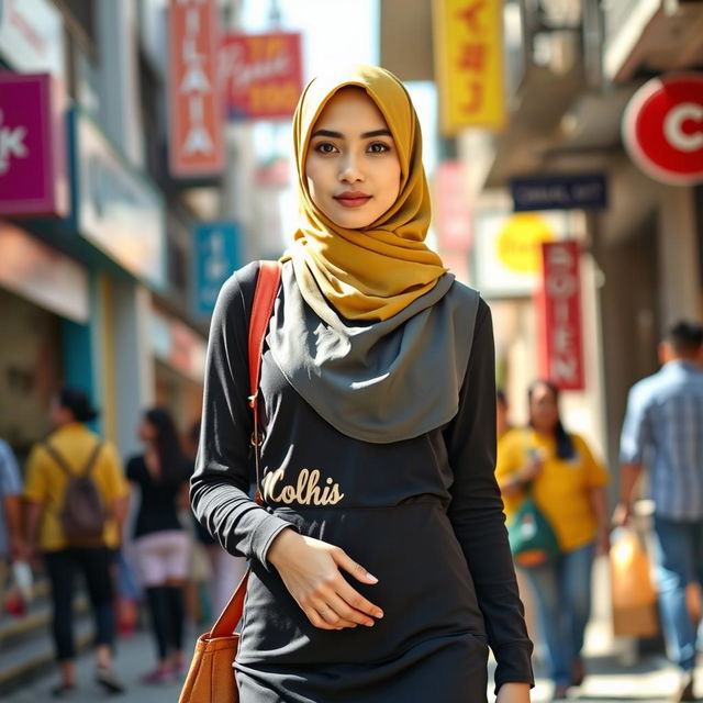 A young Indonesian woman, around 20 years old, wearing a stylish hijab, vibrant colors, and a fashionable miniskirt