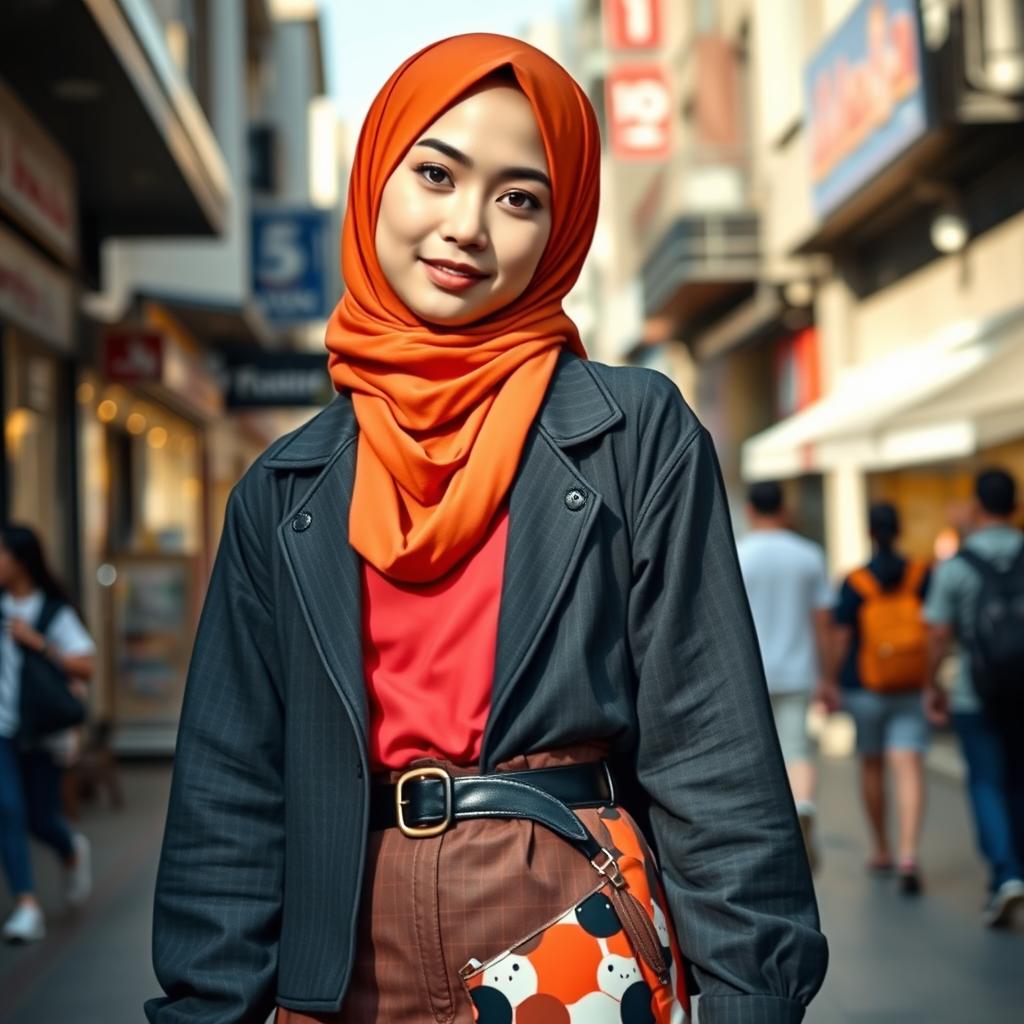 A young Indonesian woman, around 20 years old, wearing a stylish hijab, vibrant colors, and a fashionable miniskirt