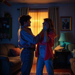An artistic representation of a vintage adult film scene from the 1990s, characterized by bold colors and dramatic shadows, set in a classic home environment reminiscent of that era