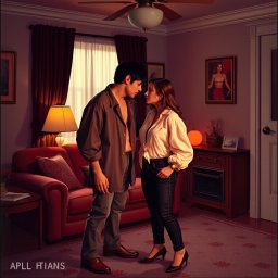 An artistic representation of a vintage adult film scene from the 1990s, characterized by bold colors and dramatic shadows, set in a classic home environment reminiscent of that era