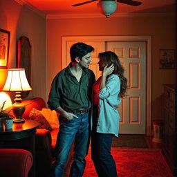 An artistic representation of a vintage adult film scene from the 1990s, characterized by bold colors and dramatic shadows, set in a classic home environment reminiscent of that era