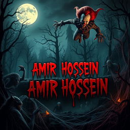 A chilling and spooky landscape with the name 'AMIR HOSSEIN' in ominous, dripping blood-red letters at the center