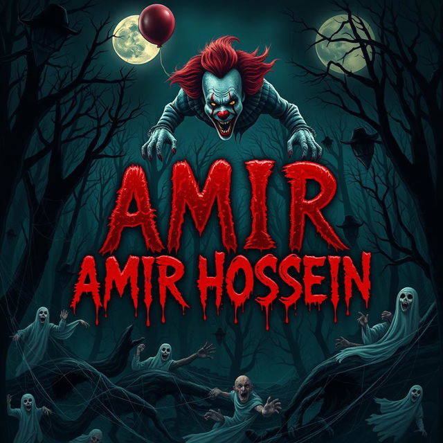 A chilling and spooky landscape with the name 'AMIR HOSSEIN' in ominous, dripping blood-red letters at the center
