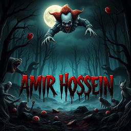A chilling and spooky landscape with the name 'AMIR HOSSEIN' in ominous, dripping blood-red letters at the center