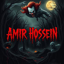 A chilling and spooky landscape with the name 'AMIR HOSSEIN' in ominous, dripping blood-red letters at the center
