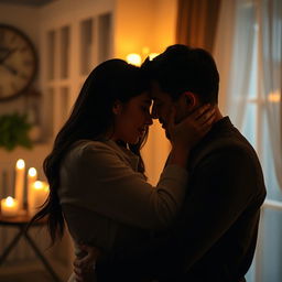 An intimate and romantic scene featuring a couple in a softly lit setting, showcasing their affectionate gestures and passion