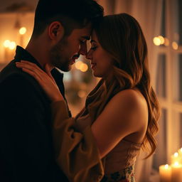 An intimate and romantic scene featuring a couple in a softly lit setting, showcasing their affectionate gestures and passion