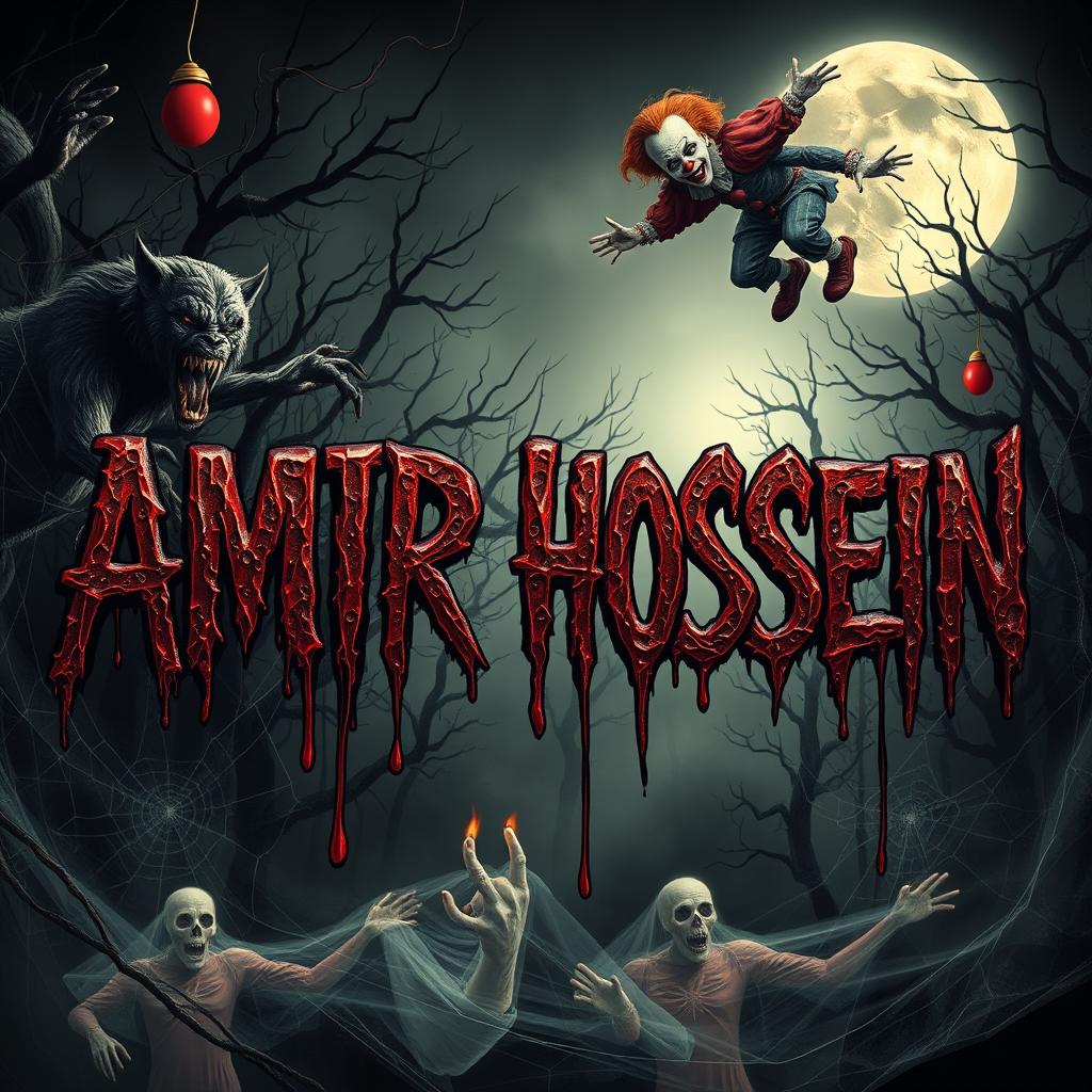 A spooky and terrifying scene featuring the name 'AMIR HOSSEIN' written in eerie, blood-dripping letters