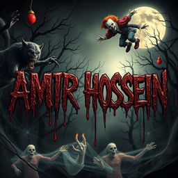 A spooky and terrifying scene featuring the name 'AMIR HOSSEIN' written in eerie, blood-dripping letters