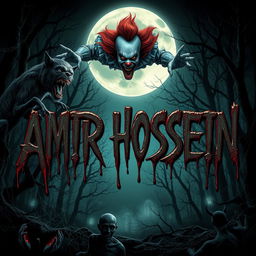 A spooky and terrifying scene featuring the name 'AMIR HOSSEIN' written in eerie, blood-dripping letters
