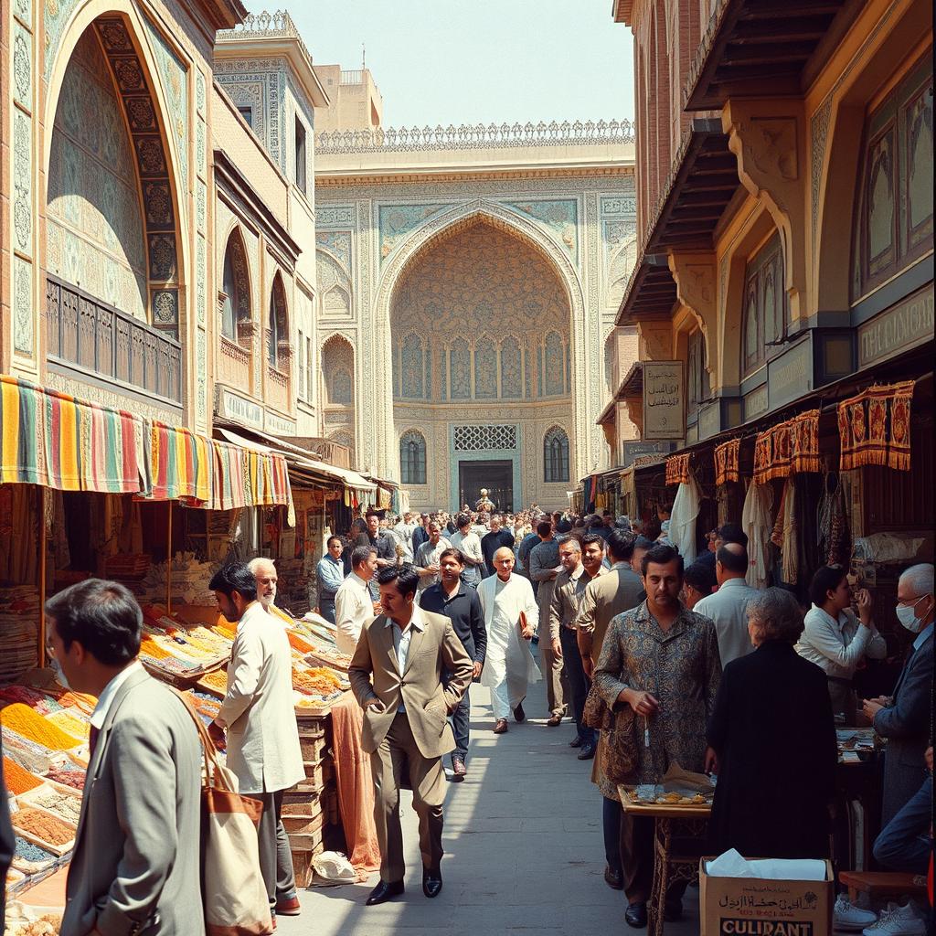 A vibrant city scene in Iran during the reign of the Shah, featuring bustling bazaars with colorful textiles and spices on display, traditional Persian architecture in the background with intricate tile work, men and women dressed in 1970s Persian fashion, lively street vendors selling foods and crafts, sunlight casting warm tones over the scene, showcasing the rich cultural heritage and daily life of the era