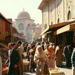 A vibrant city scene in Iran during the reign of the Shah, featuring bustling bazaars with colorful textiles and spices on display, traditional Persian architecture in the background with intricate tile work, men and women dressed in 1970s Persian fashion, lively street vendors selling foods and crafts, sunlight casting warm tones over the scene, showcasing the rich cultural heritage and daily life of the era