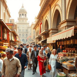 A vibrant city scene in Iran during the reign of the Shah, featuring bustling bazaars with colorful textiles and spices on display, traditional Persian architecture in the background with intricate tile work, men and women dressed in 1970s Persian fashion, lively street vendors selling foods and crafts, sunlight casting warm tones over the scene, showcasing the rich cultural heritage and daily life of the era