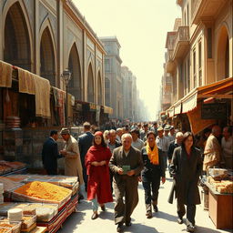 A vibrant city scene in Iran during the reign of the Shah, featuring bustling bazaars with colorful textiles and spices on display, traditional Persian architecture in the background with intricate tile work, men and women dressed in 1970s Persian fashion, lively street vendors selling foods and crafts, sunlight casting warm tones over the scene, showcasing the rich cultural heritage and daily life of the era